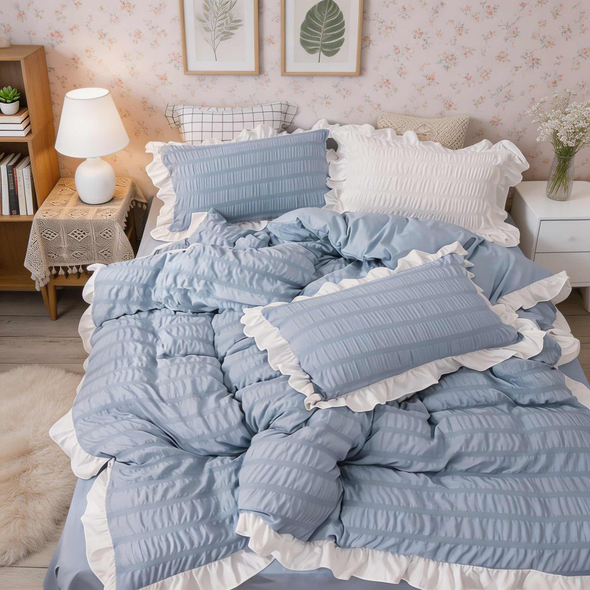 Set di biancheria da letto moderno a coste — copripiumino, lenzuolo piano e federe