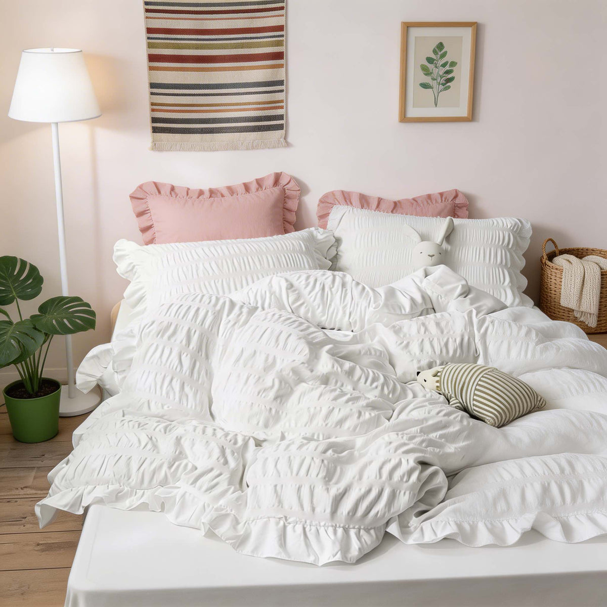Set di biancheria da letto moderno a coste — copripiumino, lenzuolo piano e federe