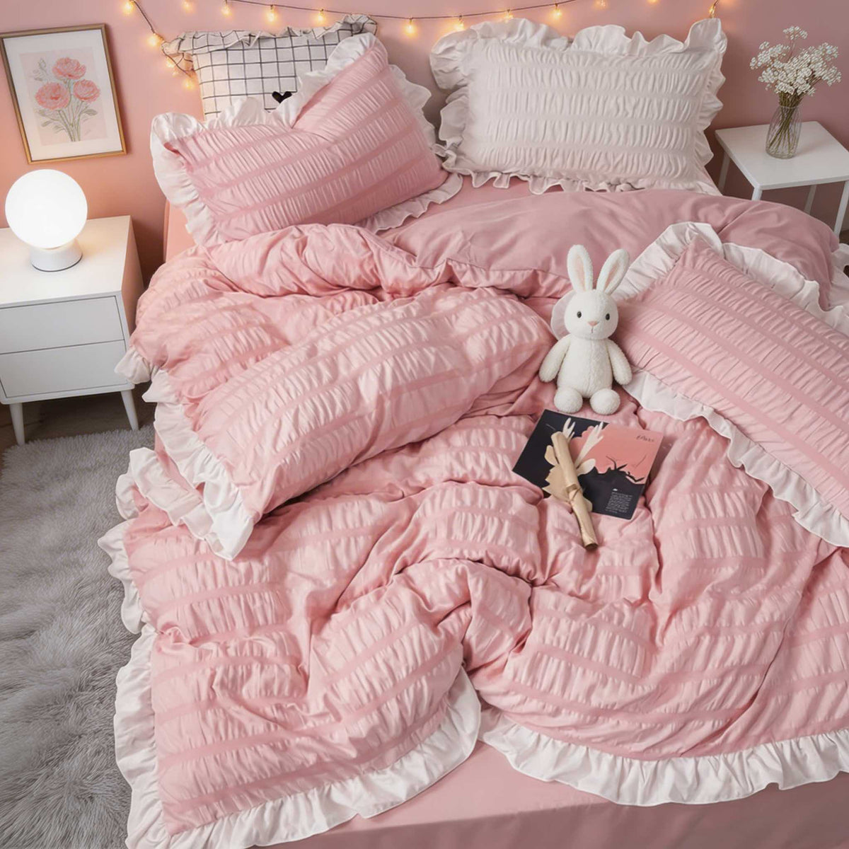 Set di biancheria da letto moderno a coste — copripiumino, lenzuolo piano e federe
