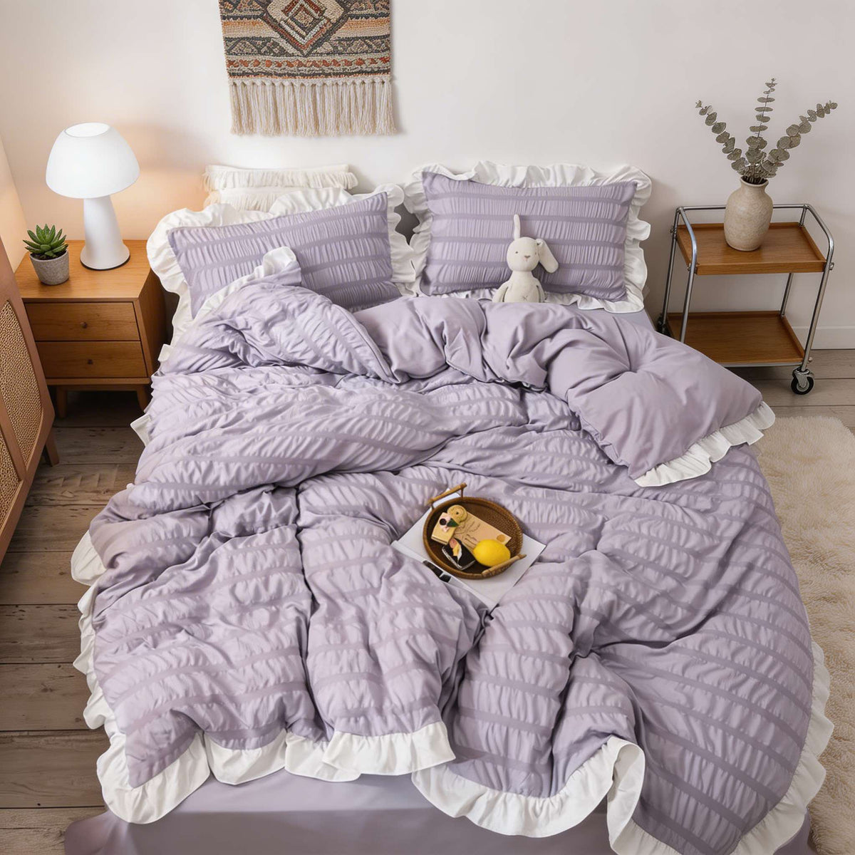 Set di biancheria da letto moderno a coste — copripiumino, lenzuolo piano e federe