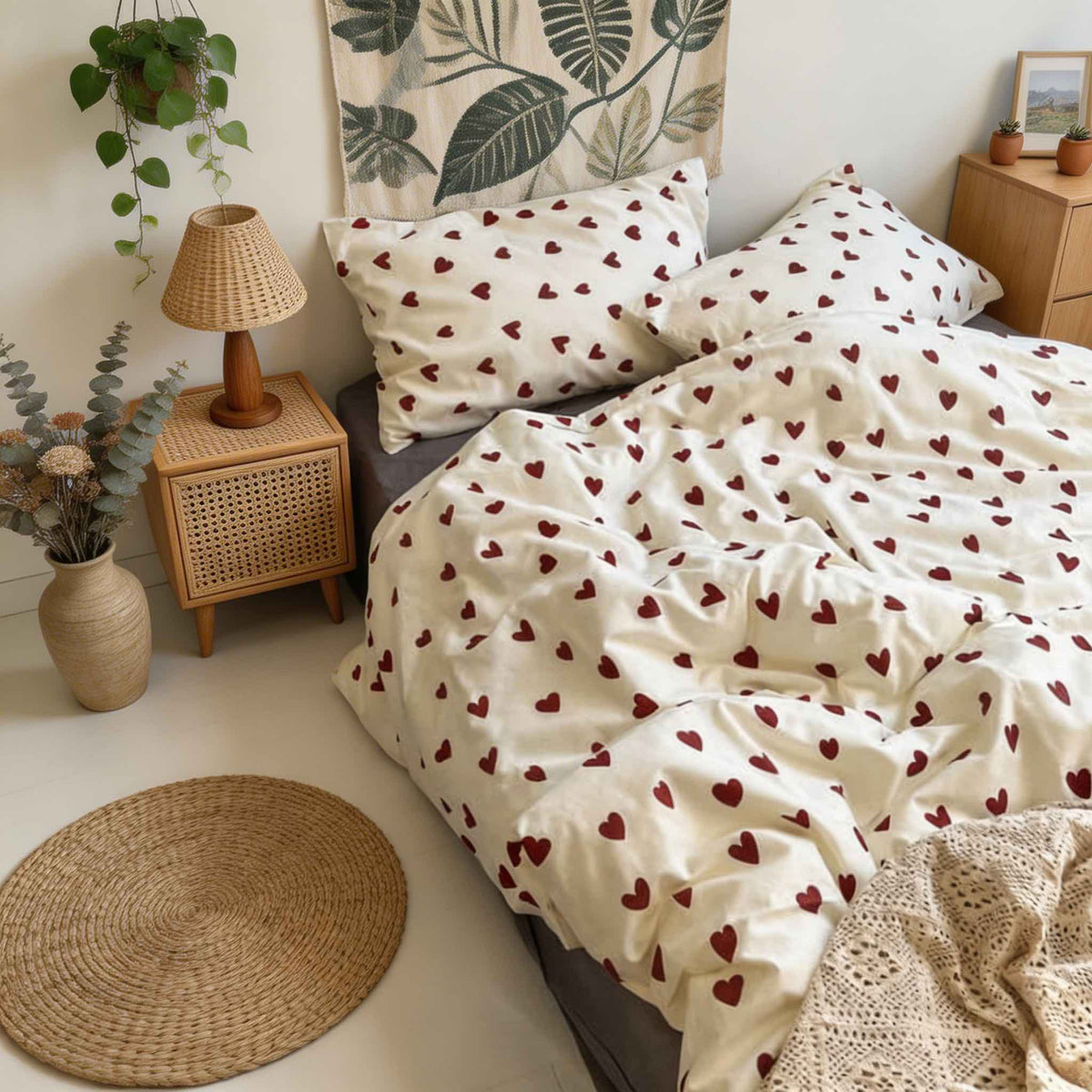 Set copripiumino con stampa di cuori rossi — Biancheria da letto cottagecore dall’estetica vintage