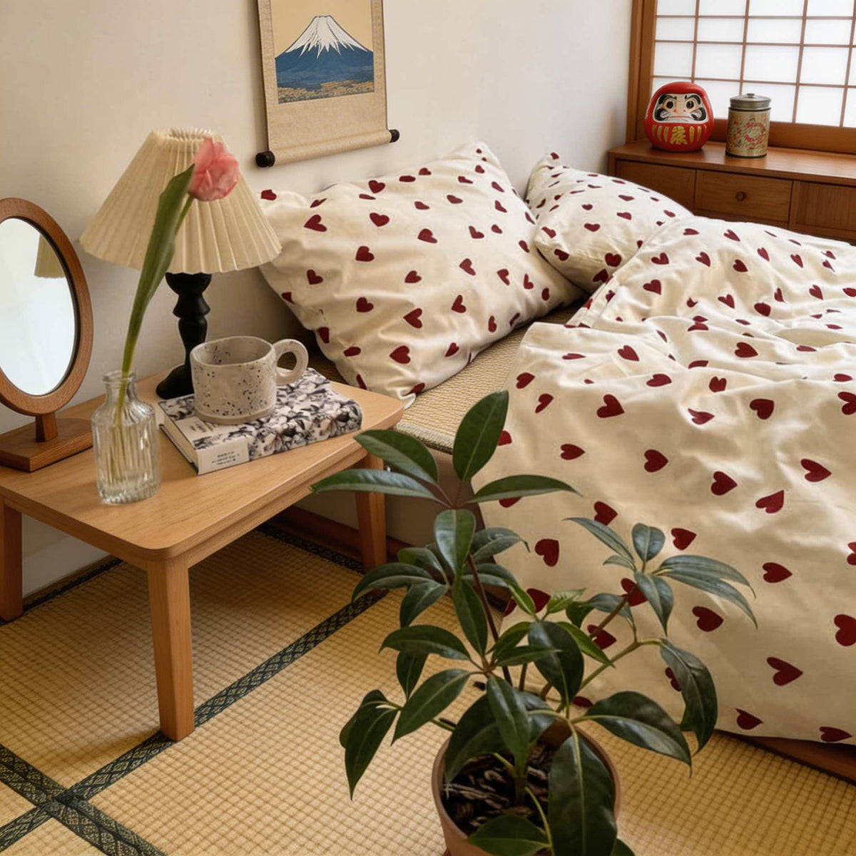 Set copripiumino con stampa di cuori rossi — Biancheria da letto cottagecore dall’estetica vintage