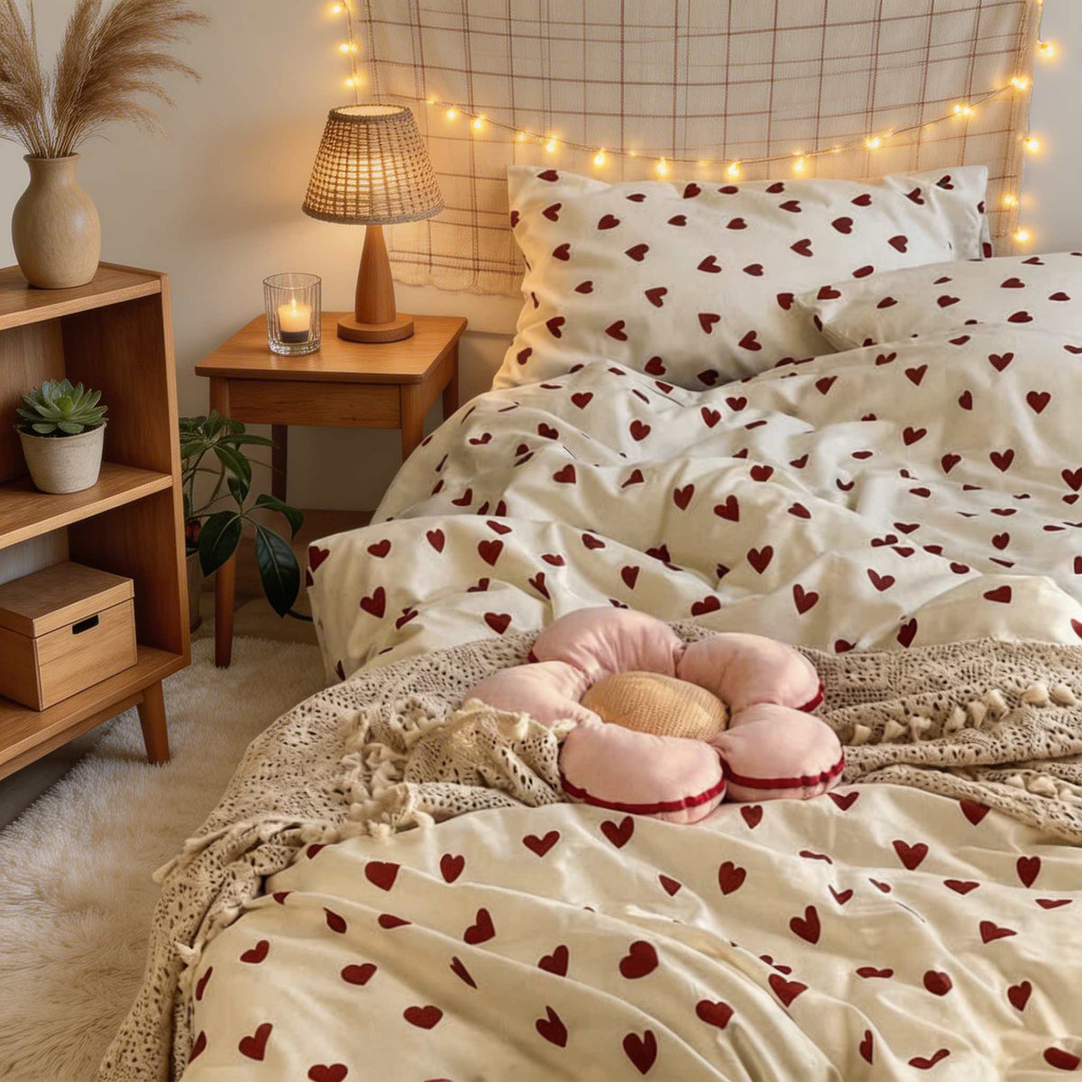 Set copripiumino con stampa di cuori rossi — Biancheria da letto cottagecore dall’estetica vintage