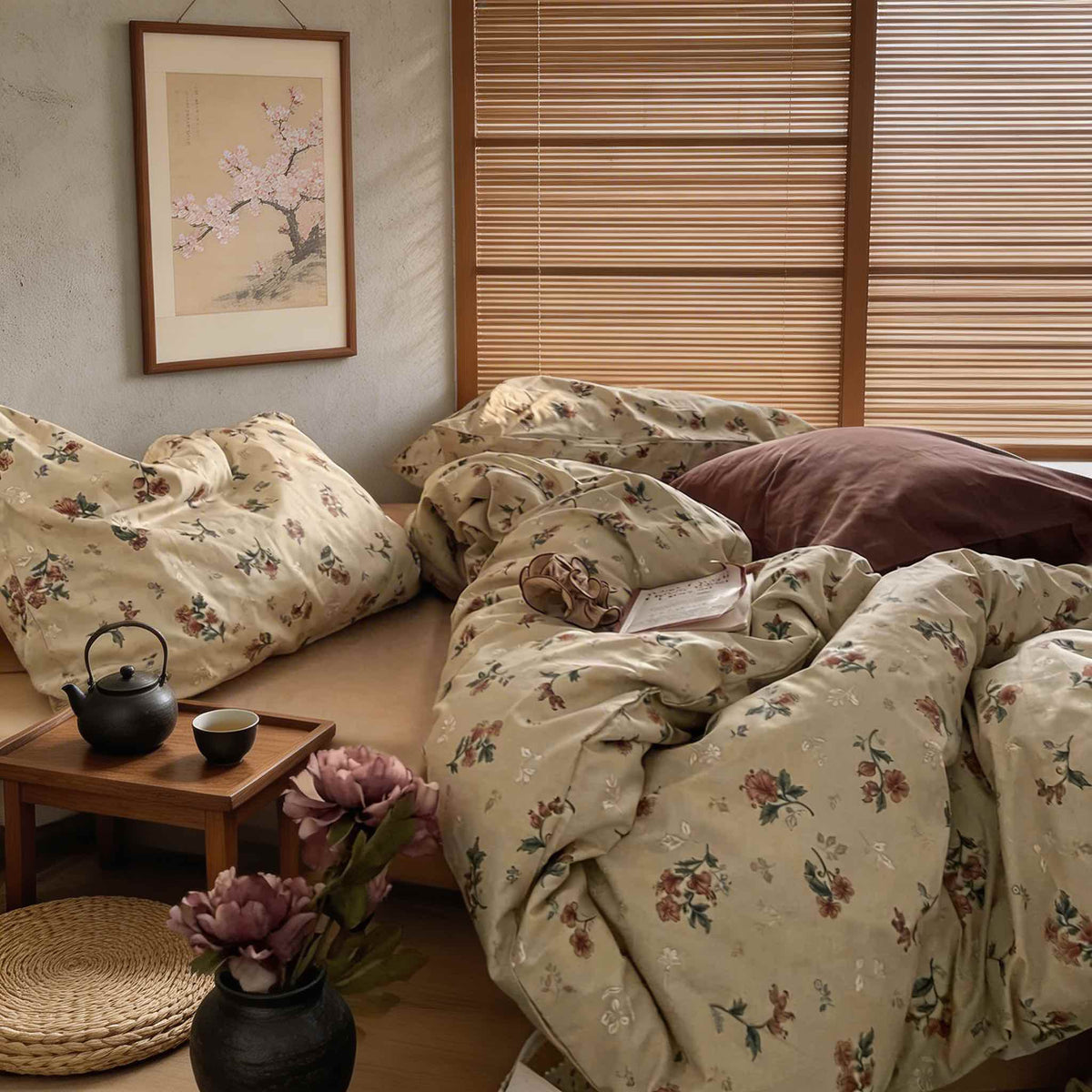 Set di biancheria da letto vintage con motivo floreale — copripiumini, lenzuolo piano e federe