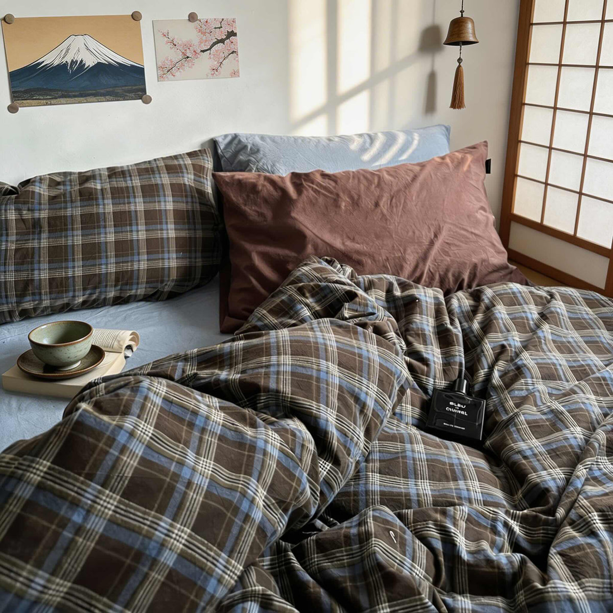 Set di biancheria da letto vintage in cotone 100% a quadri — Copripiumino, lenzuolo piano e federe