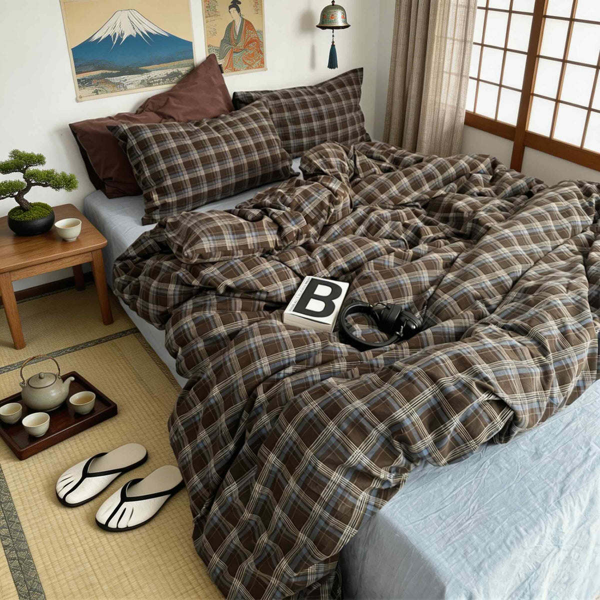 Set di biancheria da letto vintage in cotone 100% a quadri — Copripiumino, lenzuolo piano e federe