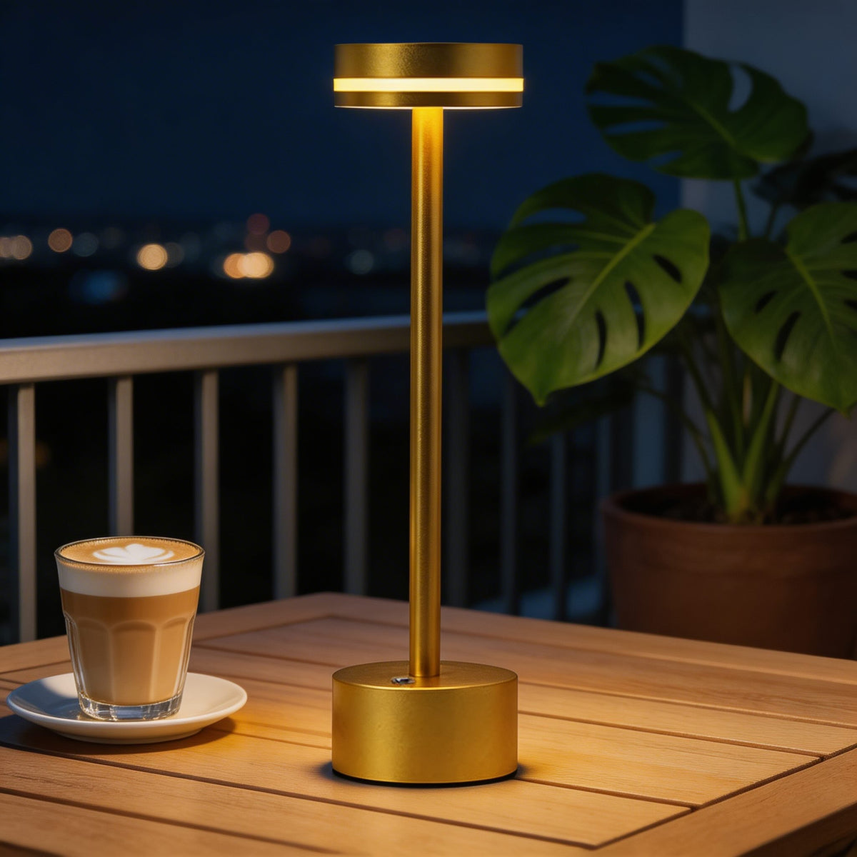مصباح طاولة LED حديث من الألومنيوم — لاسلكي قابل لإعادة الشحن عبر USB، تحكم باللمس مع إمكانية التعتيم، قاعدة موزونة
