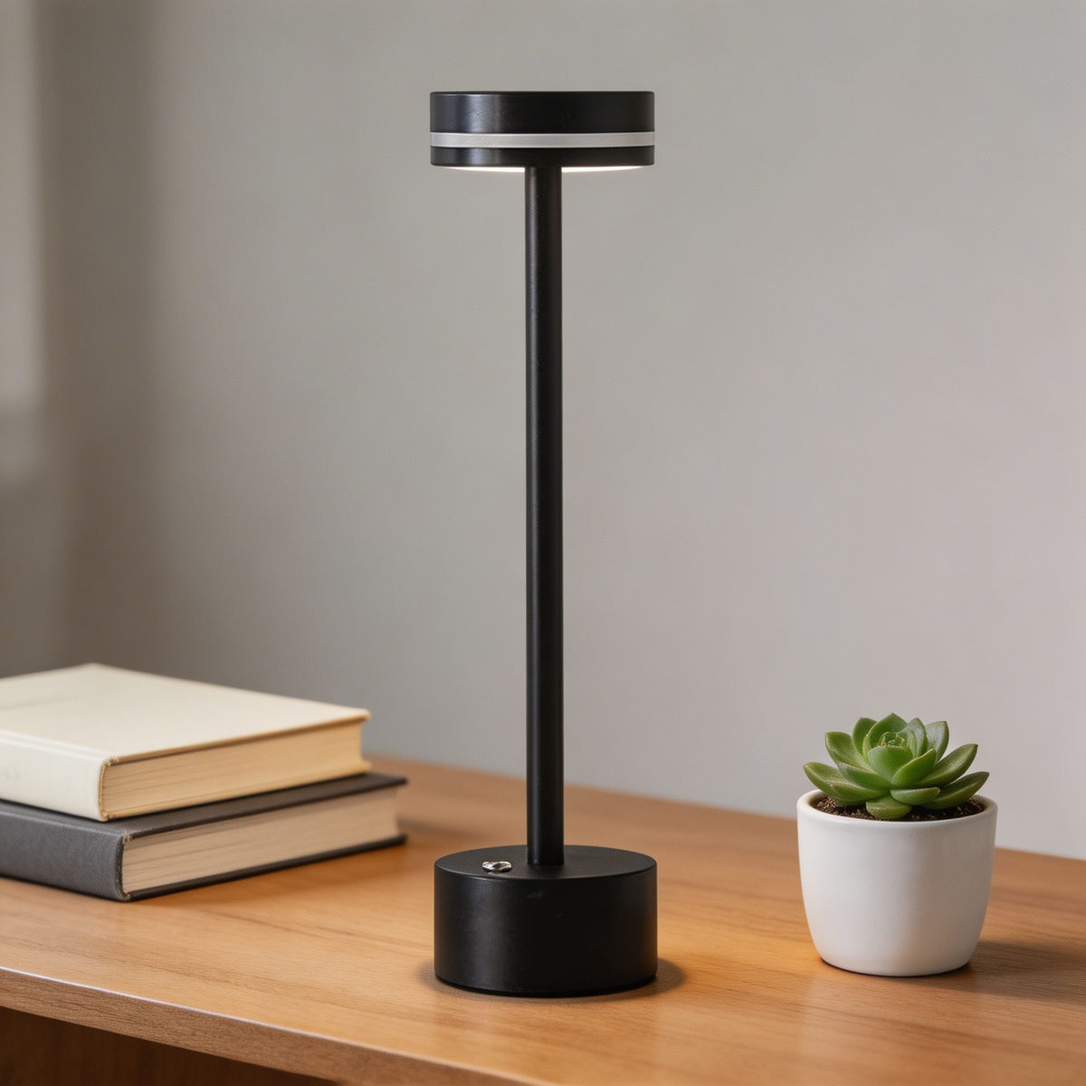 مصباح طاولة LED حديث من الألومنيوم — لاسلكي قابل لإعادة الشحن عبر USB، تحكم باللمس مع إمكانية التعتيم، قاعدة موزونة