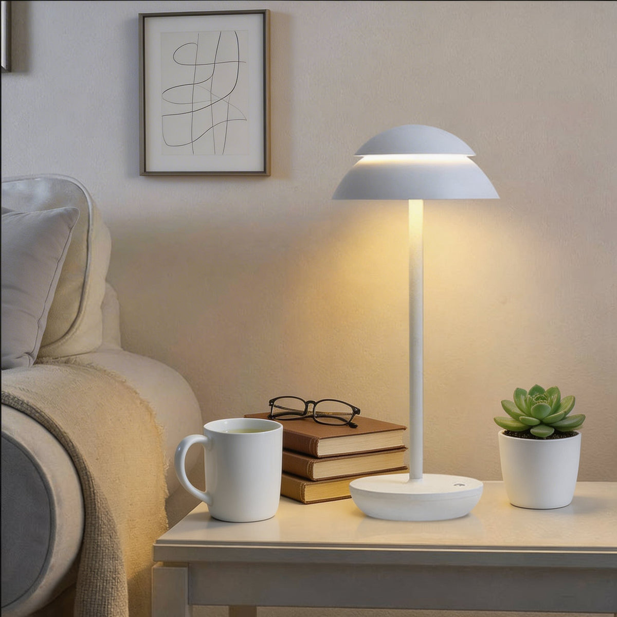 مصباح طاولة عصري بتصميم الفطر - لاسلكي، معدني، LED قابل للتعديل، تحكم باللمس، 3 درجات حرارة لونية