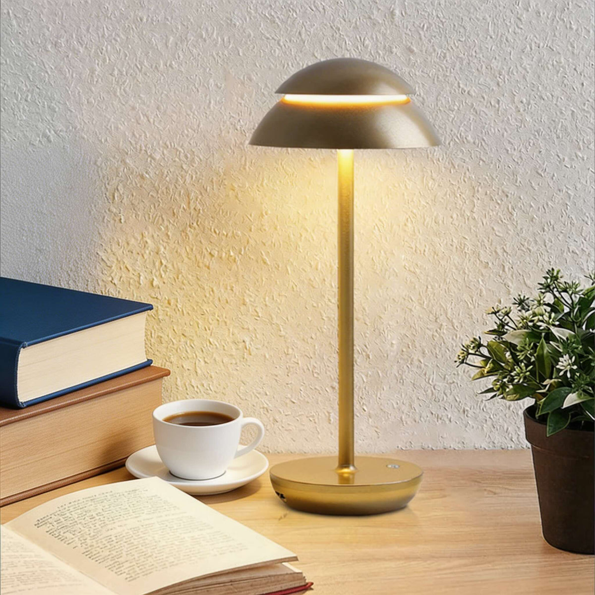 مصباح طاولة عصري بتصميم الفطر - لاسلكي، معدني، LED قابل للتعديل، تحكم باللمس، 3 درجات حرارة لونية