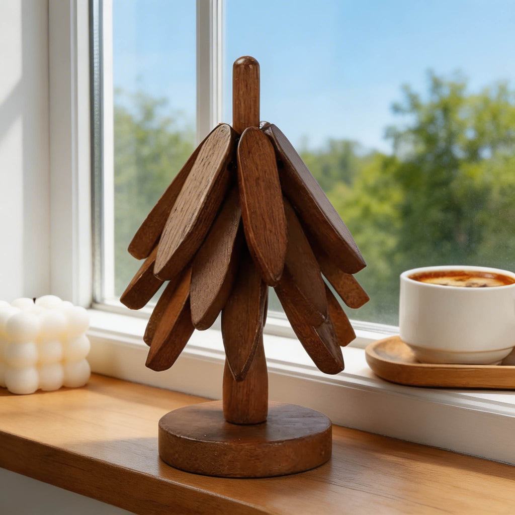 Modern 3-Piece Black Walnut Trivet Set — Heat Resistant, Foldable, Tree Shape Design