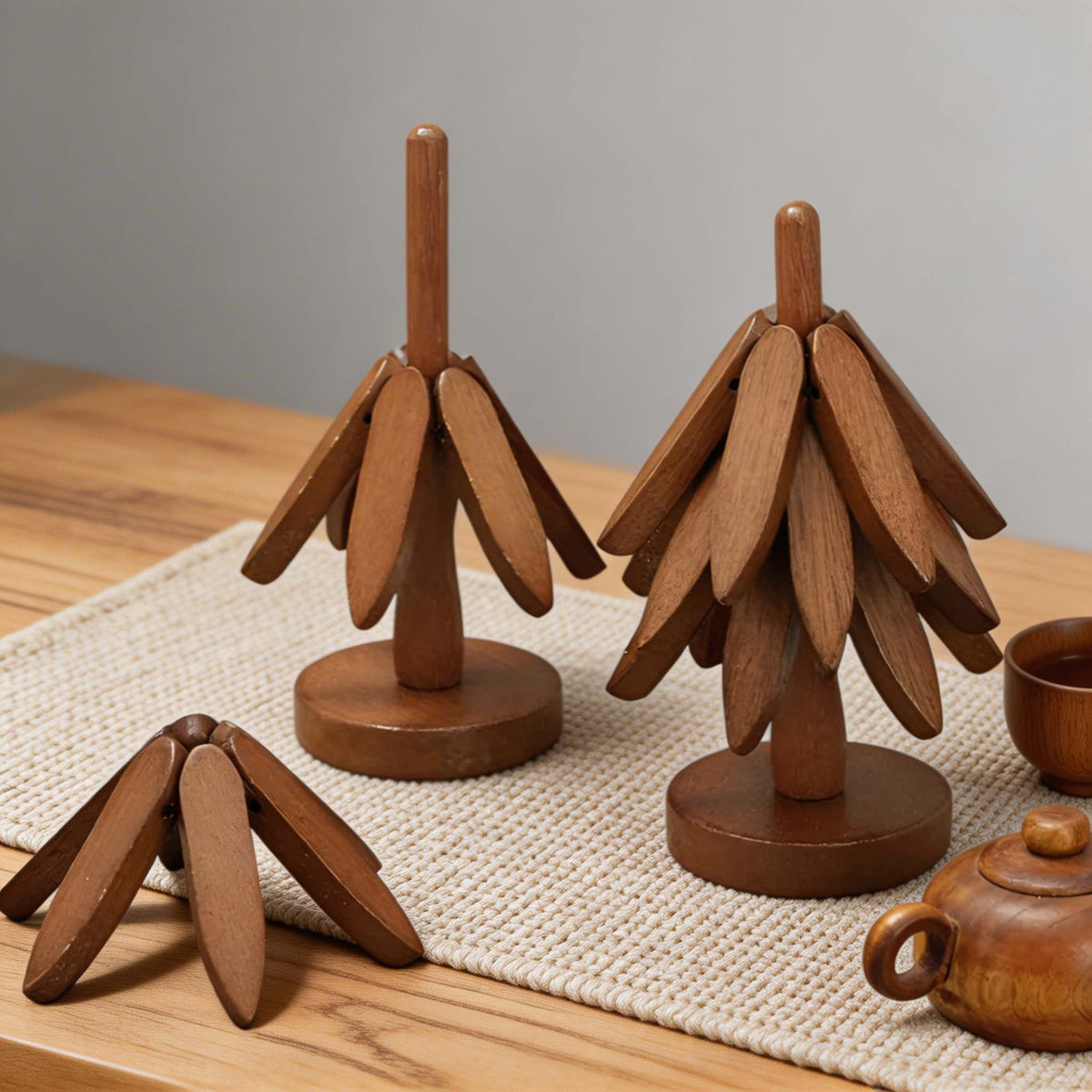 Modern 3-Piece Black Walnut Trivet Set — Heat Resistant, Foldable, Tree Shape Design