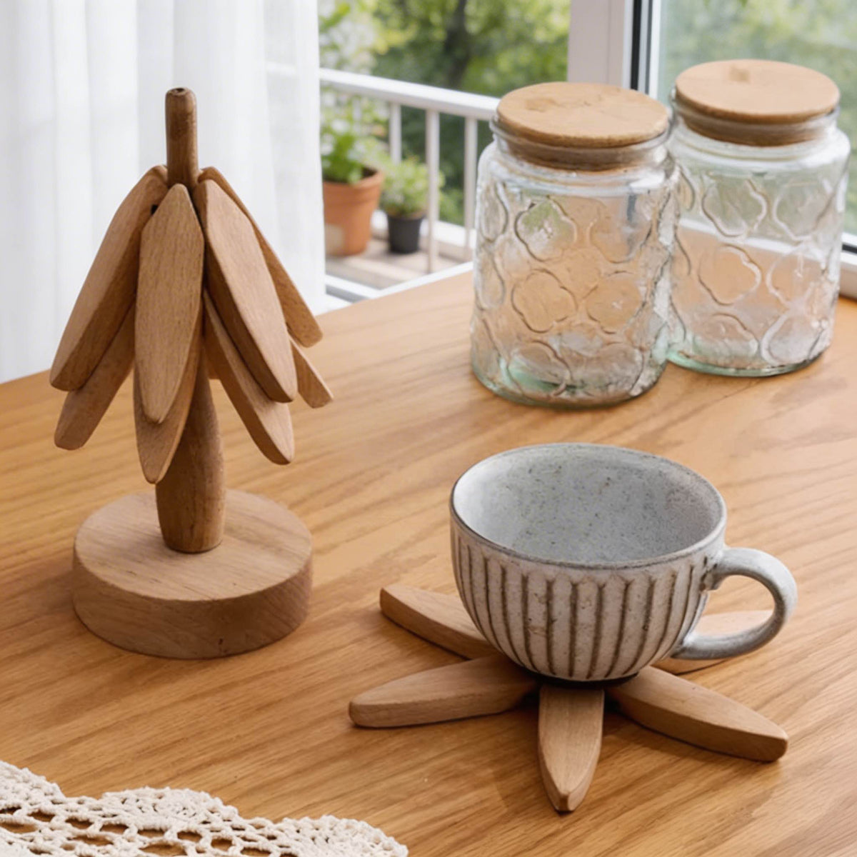 Modern 3-Piece Black Walnut Trivet Set — Heat Resistant, Foldable, Tree Shape Design