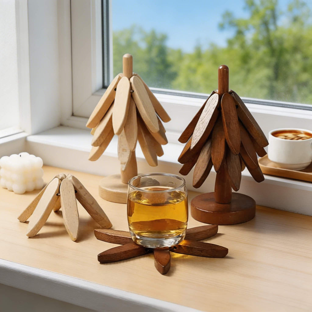 Modern 3-Piece Black Walnut Trivet Set — Heat Resistant, Foldable, Tree Shape Design