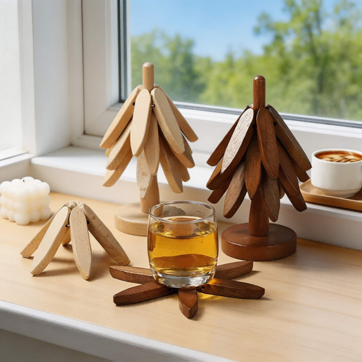 Modern 3-Piece Black Walnut Trivet Set — Heat Resistant, Foldable, Tree Shape Design