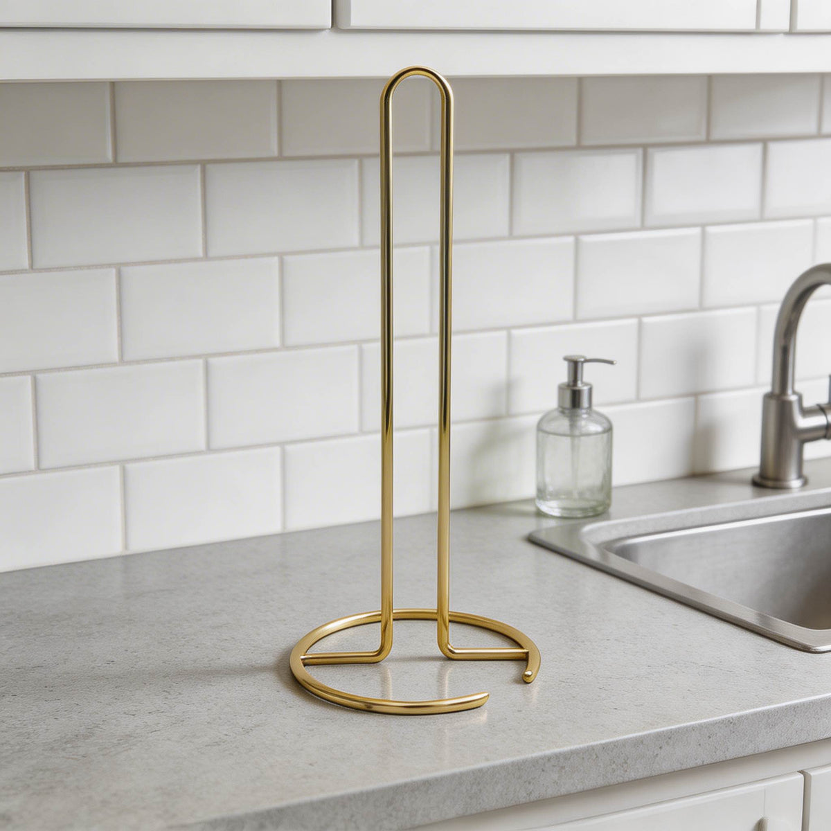 Moderne fritstående toiletpapirholder — robust design i jern, tung base, åben konstruktion