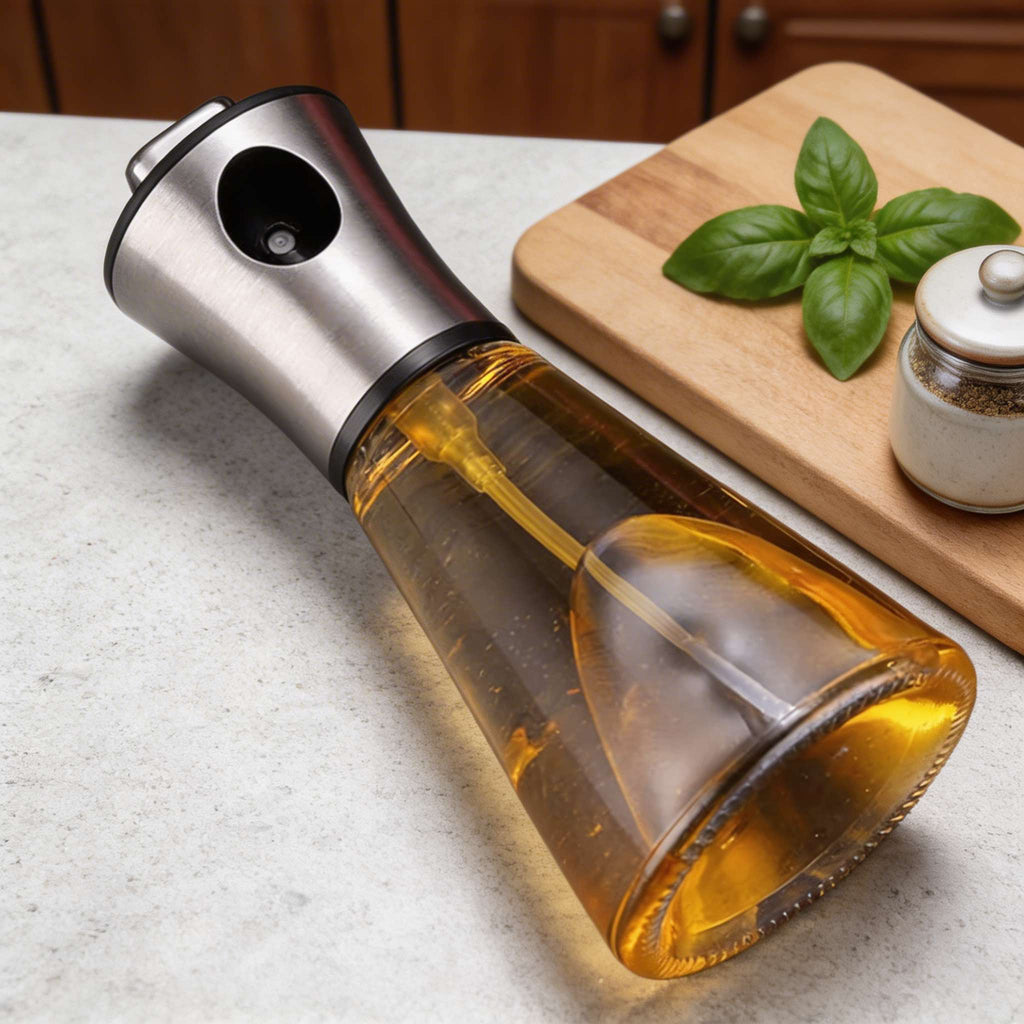 Modern Stainless Steel Olive Oil Spray Bottle – Fine Mist Nozzle & Transparent Vessel