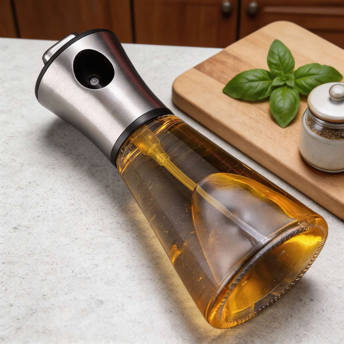 Modern Stainless Steel Olive Oil Spray Bottle – Fine Mist Nozzle & Transparent Vessel