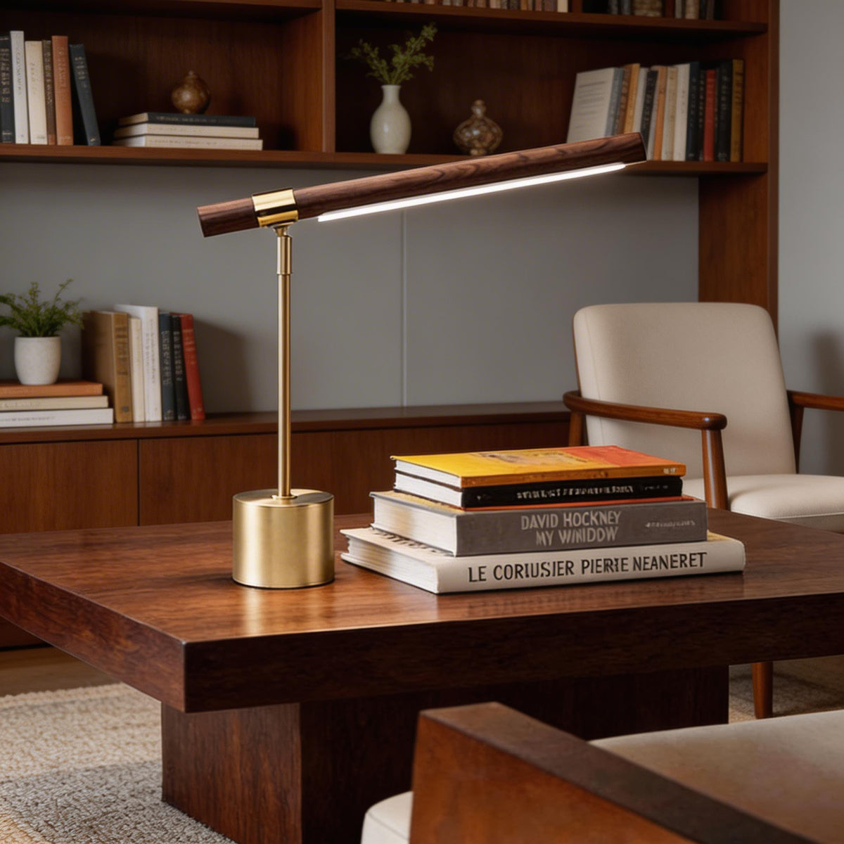Modern LED-skrivbordslampa — justerbar färgtemperatur, trä och mässing, USB-driven, 400 lumen