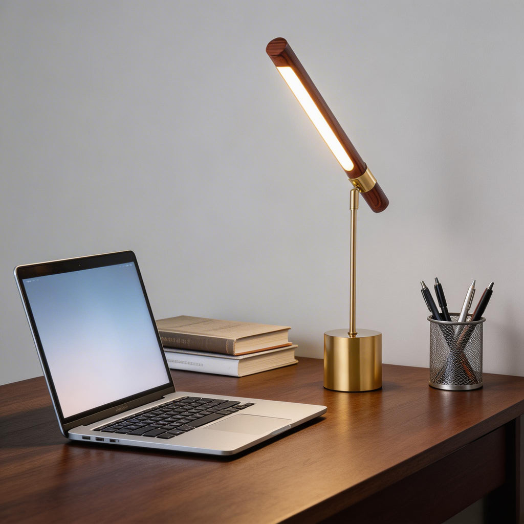 Modern LED-skrivbordslampa — justerbar färgtemperatur, trä och mässing, USB-driven, 400 lumen