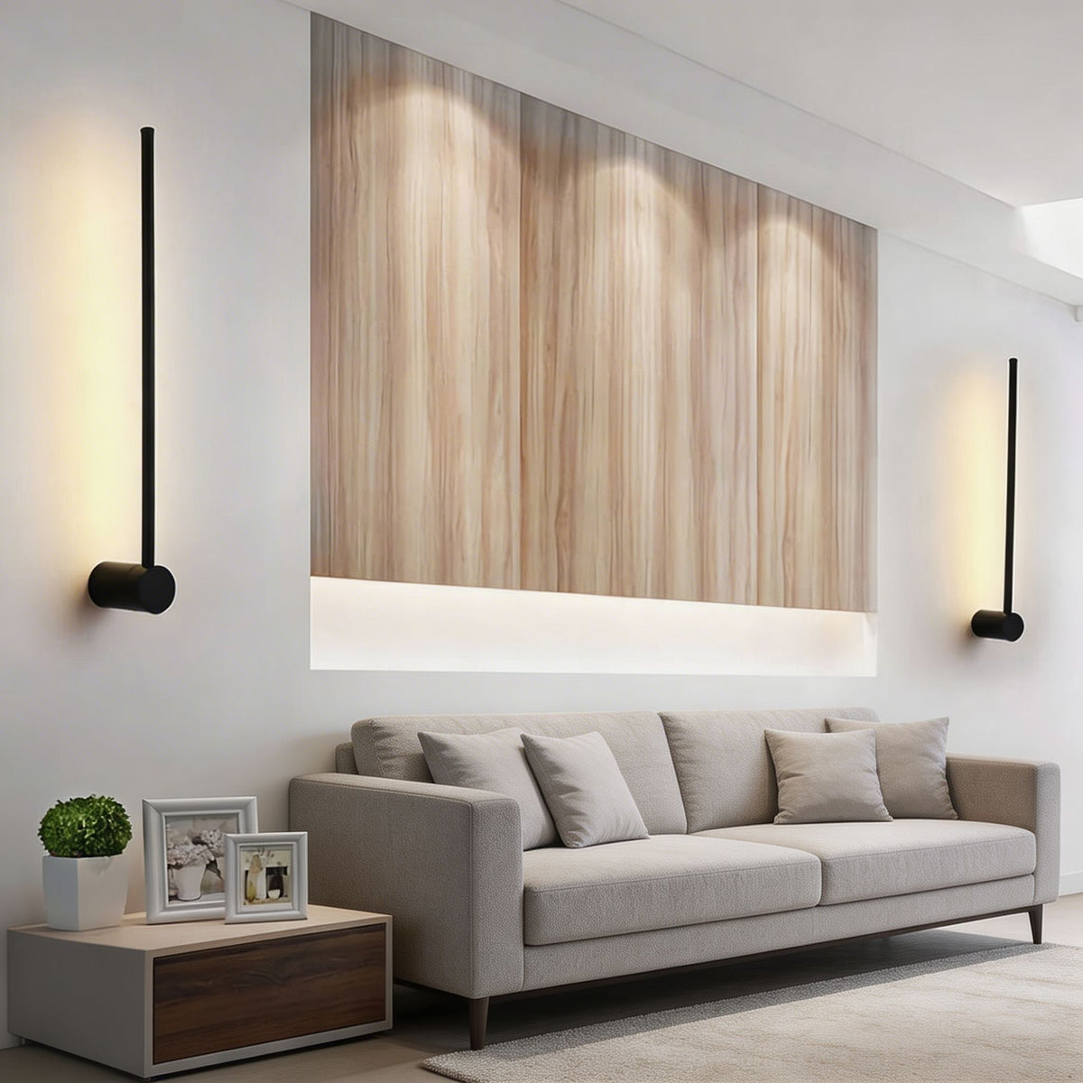 Modern linjär LED-vägglampa — väggmonterad aluminiumarmatur, mjuk silikondiffusor, dimbar funktion