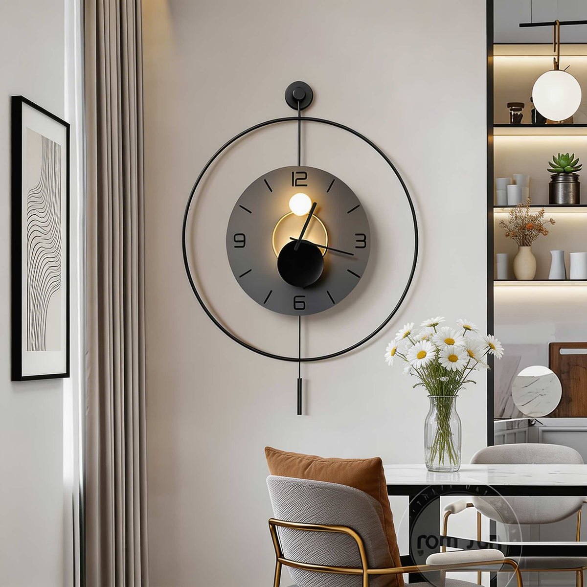 Orologio moderno da parete rotondo — Quadrante in alluminio nero, retroilluminazione LED nascosta, alimentazione a batteria