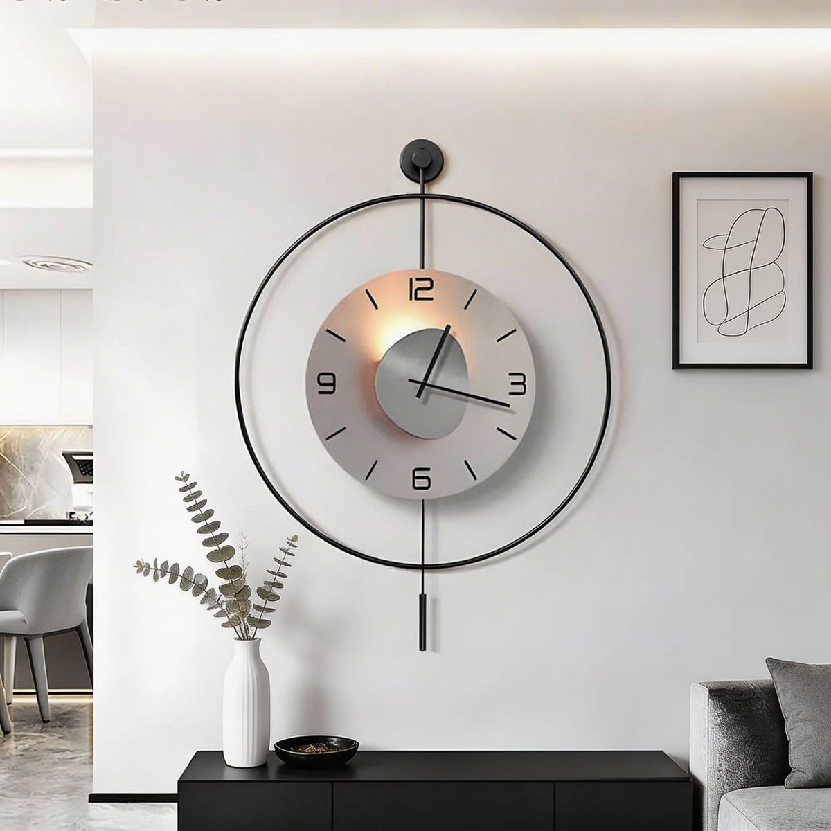 Orologio moderno da parete rotondo — Quadrante in alluminio nero, retroilluminazione LED nascosta, alimentazione a batteria