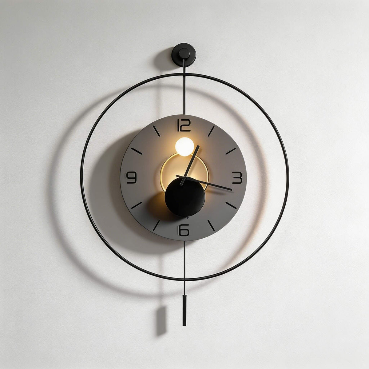 Orologio moderno da parete rotondo — Quadrante in alluminio nero, retroilluminazione LED nascosta, alimentazione a batteria