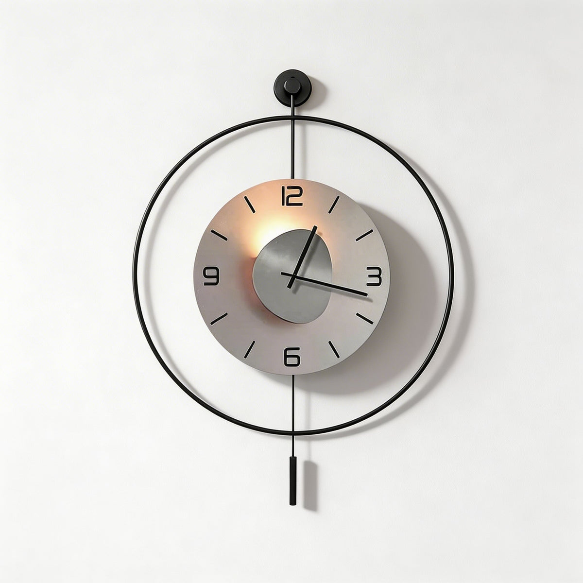 Orologio moderno da parete rotondo — Quadrante in alluminio nero, retroilluminazione LED nascosta, alimentazione a batteria