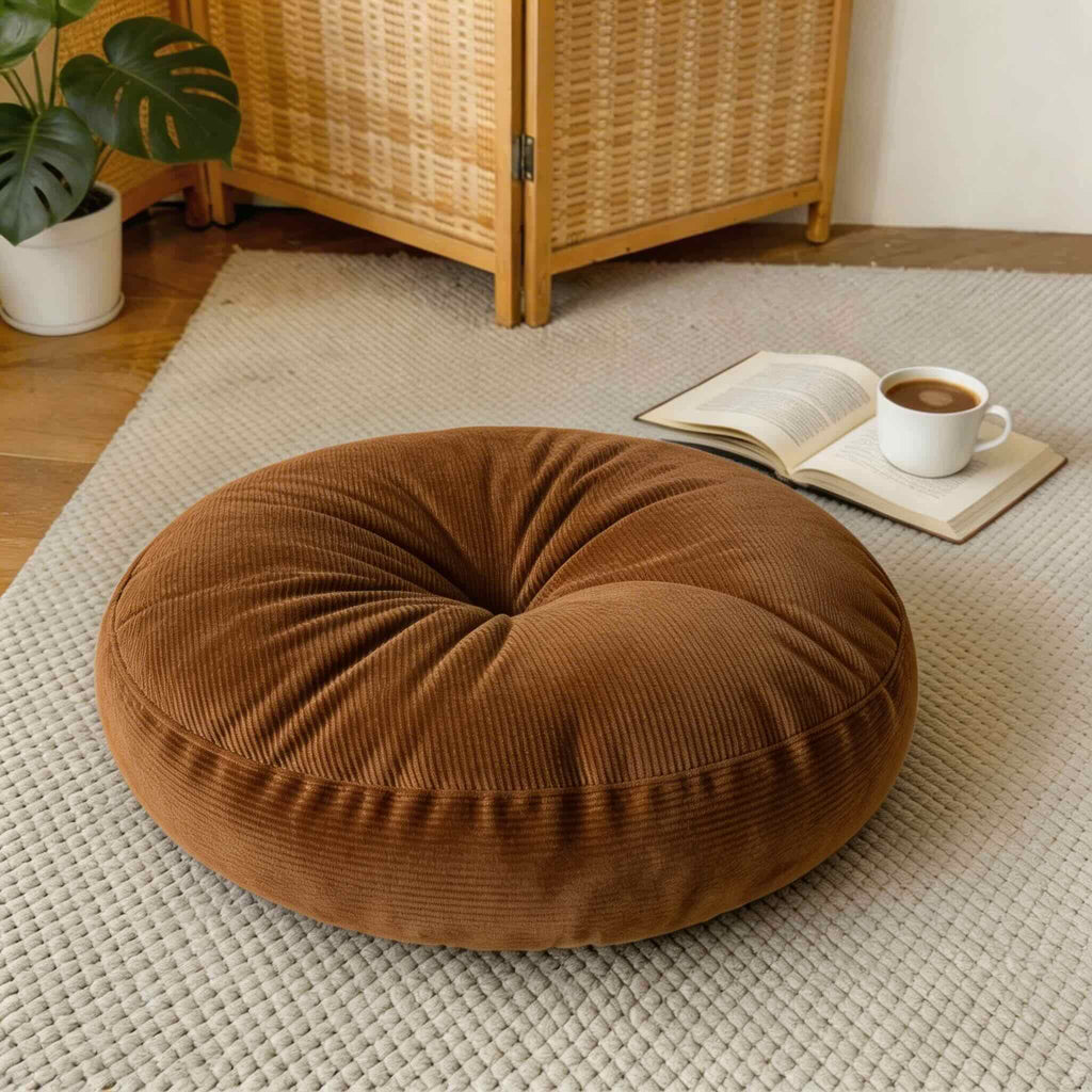 Rund meditationskudde – livfullt orange, mjuk fyllning, lätt och portabel