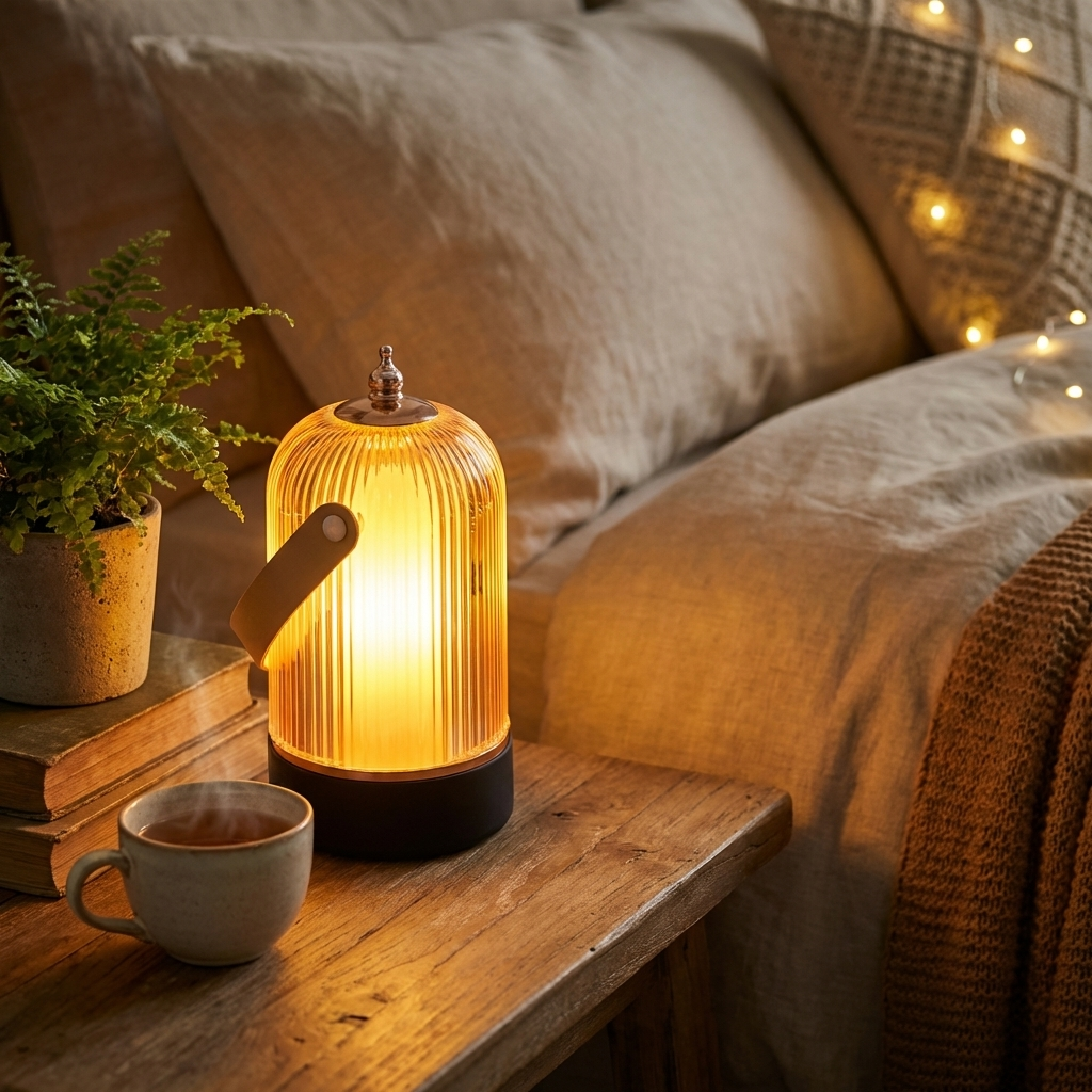 Modern Table Lamp—Ribbed Glass, Adjustable Metal Base, Dimmable LED Light