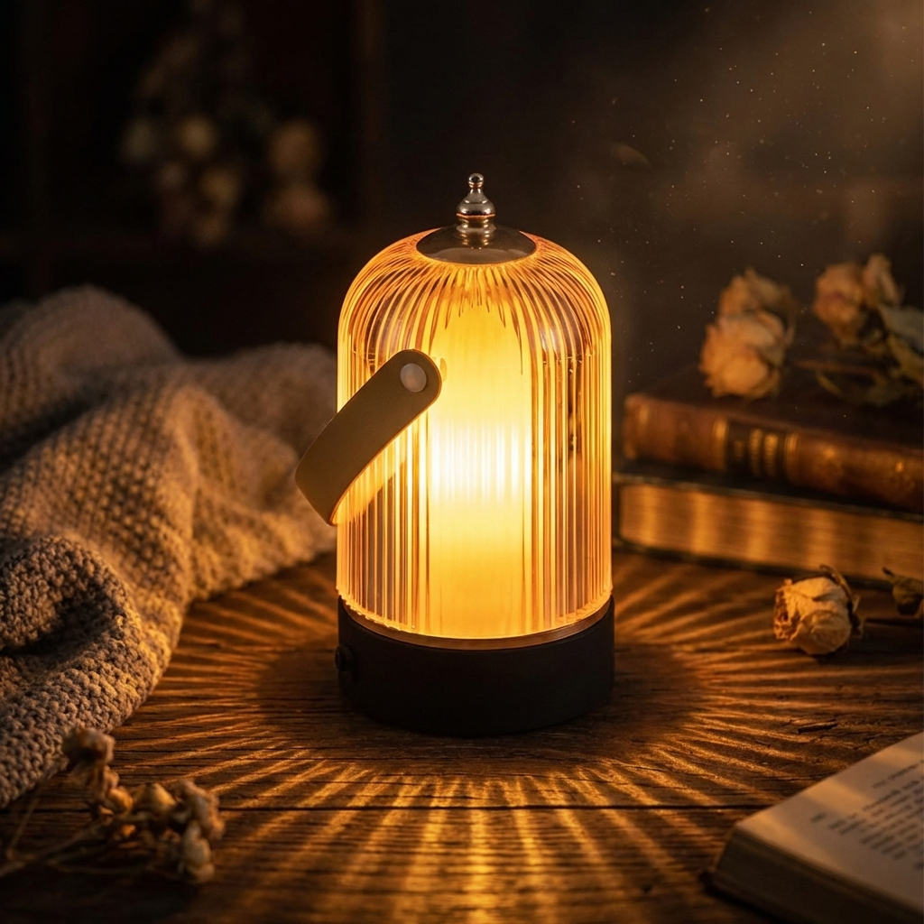 Modern Table Lamp—Ribbed Glass, Adjustable Metal Base, Dimmable LED Light