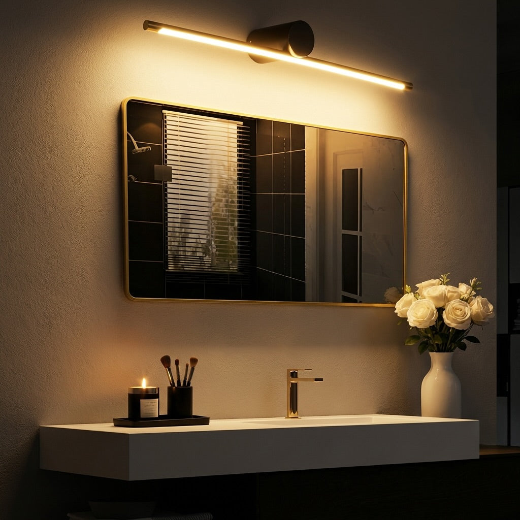 Modern linjär väggmonterad badrumslampa — linjär design i koppar, akrylpanel, dimbar LED