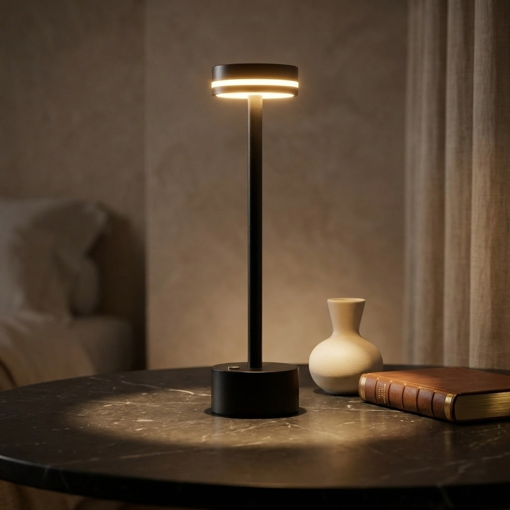 مصباح طاولة LED حديث من الألومنيوم — لاسلكي قابل لإعادة الشحن عبر USB، تحكم باللمس مع إمكانية التعتيم، قاعدة موزونة