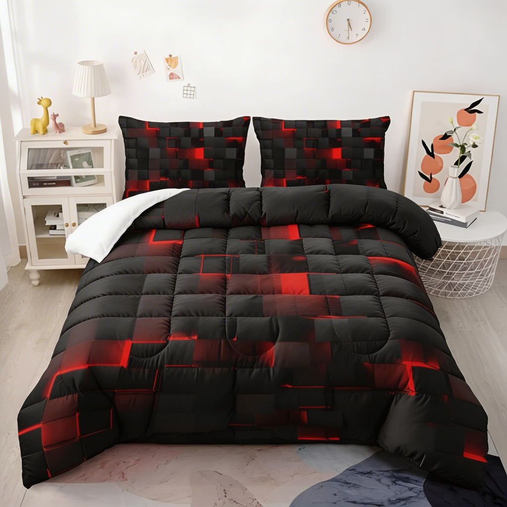 3pcs Microfiber Cotton Blend Quilt Cover Set — Modern Neon 3D Grid Print, Soft & Durable
