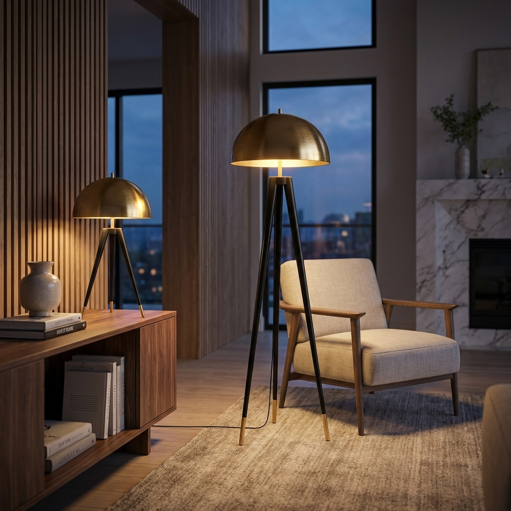 Modern Tripod Floor Lamp — Gold Iron Frame, Integrated LED Light