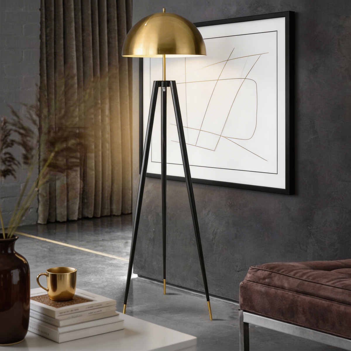 Modern Tripod Floor Lamp — Gold Iron Frame, Integrated LED Light