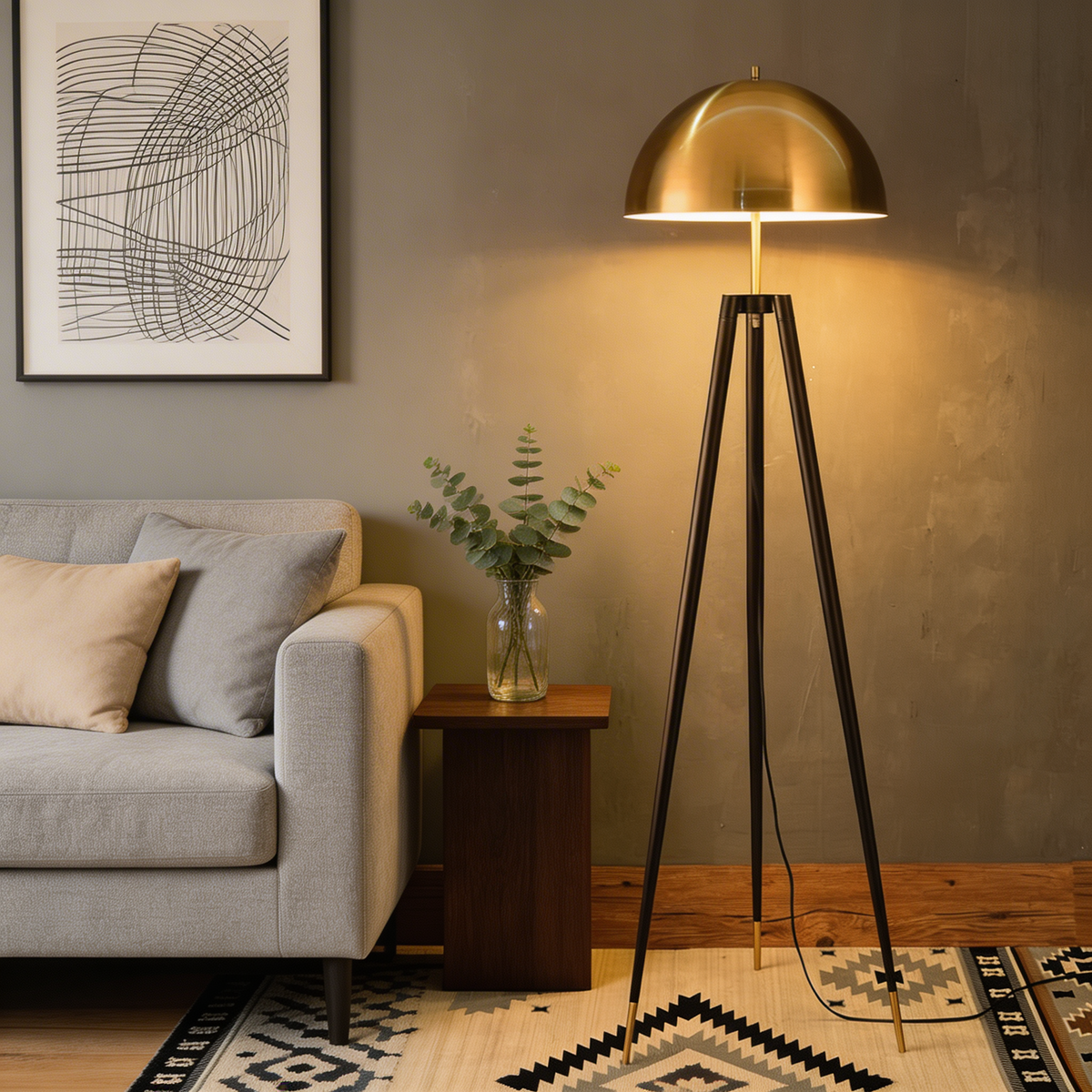 Modern Tripod Floor Lamp — Gold Iron Frame, Integrated LED Light