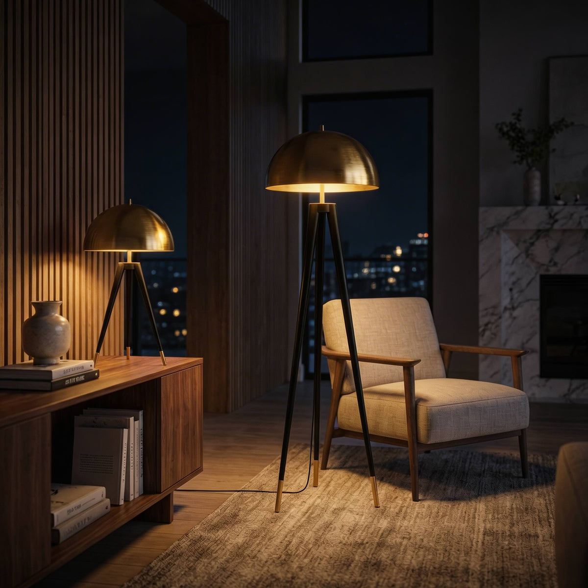 Modern Tripod Floor Lamp — Gold Iron Frame, Integrated LED Light