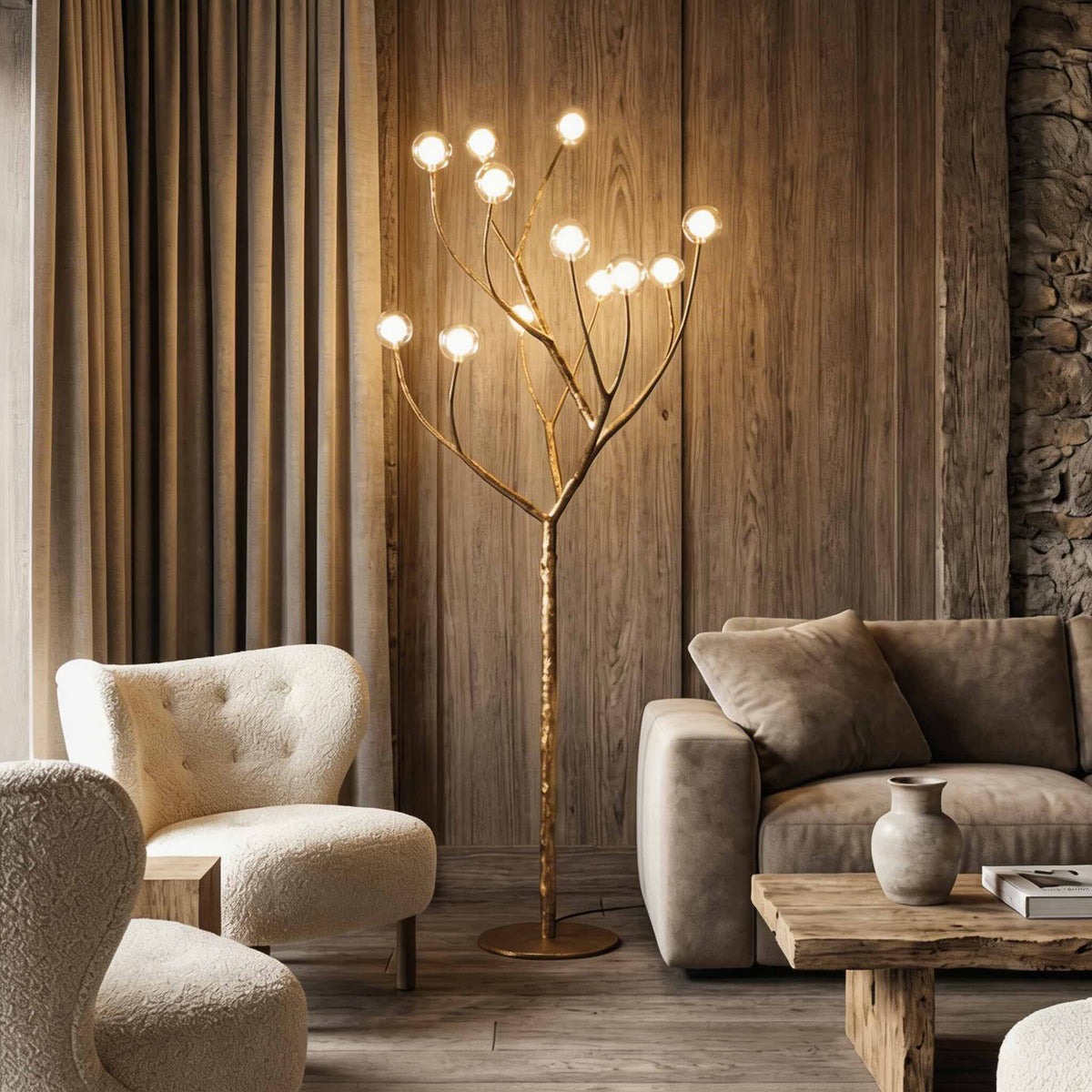 Nordic Rustic Tree Branch LED Floor Lamp — Multiple Sizes, Resin and Glass Design