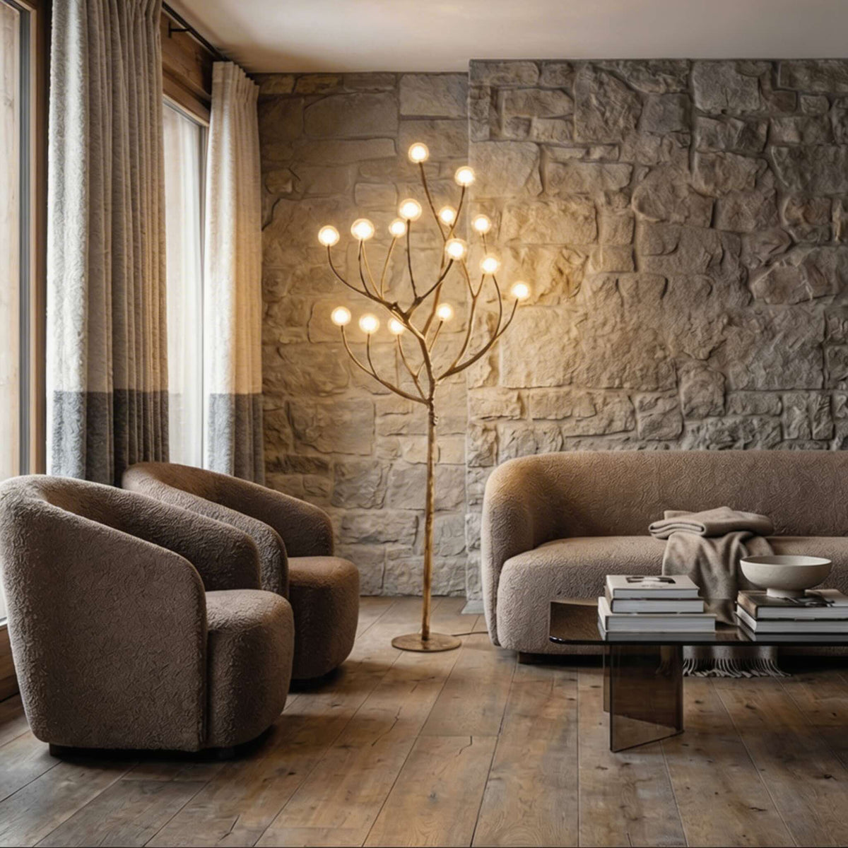 Nordic Rustic Tree Branch LED Floor Lamp — Multiple Sizes, Resin and Glass Design