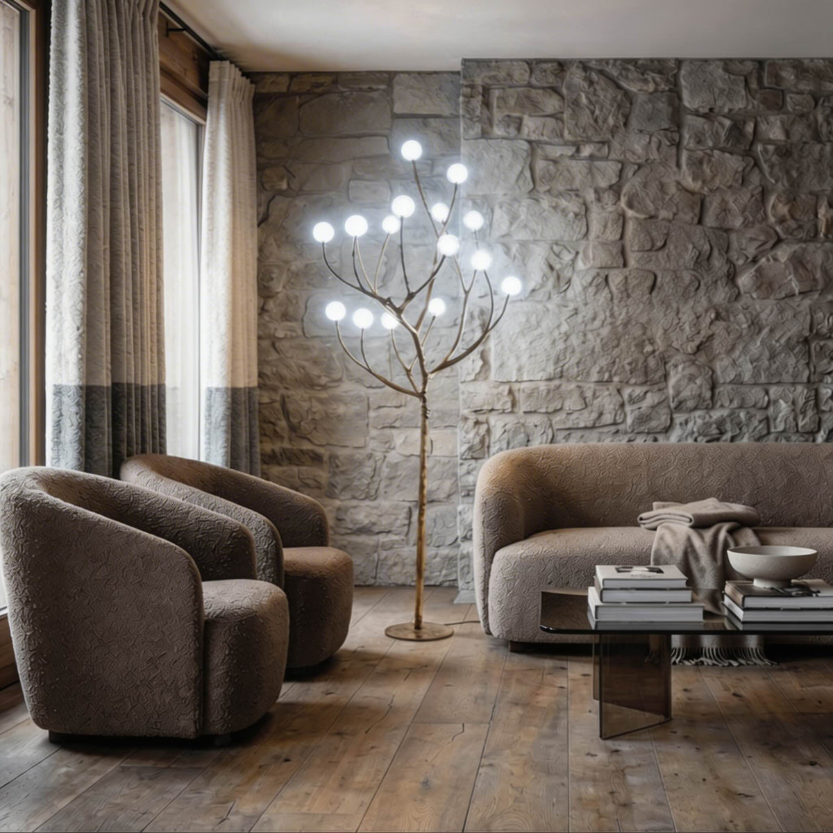 Nordic Rustic Tree Branch LED Floor Lamp — Multiple Sizes, Resin and Glass Design