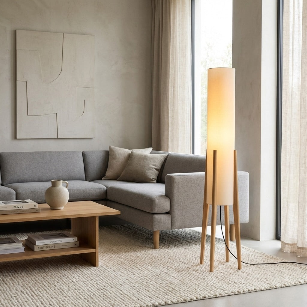 Modern Adjustable Floor Lamp — Tricolor LED, Natural Wood Base, Angled Cloth Shade