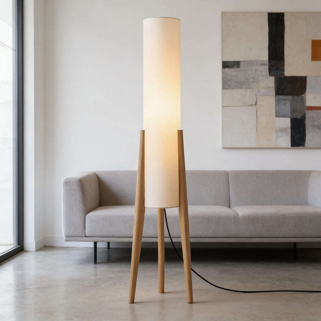 Modern Adjustable Floor Lamp — Tricolor LED, Natural Wood Base, Angled Cloth Shade