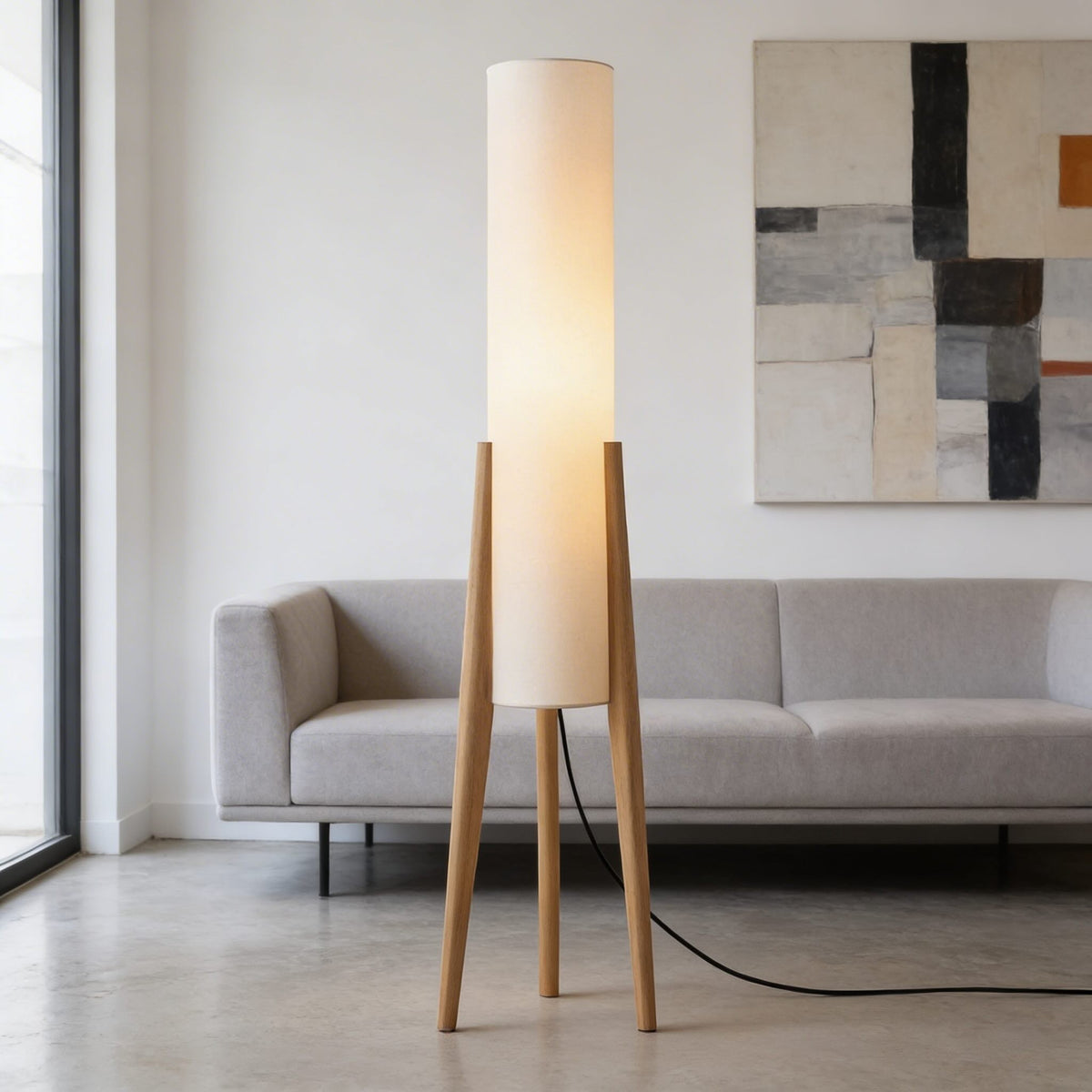 Modern Adjustable Floor Lamp — Tricolor LED, Natural Wood Base, Angled Cloth Shade