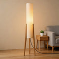 Modern Adjustable Floor Lamp — Tricolor LED, Natural Wood Base, Angled Cloth Shade
