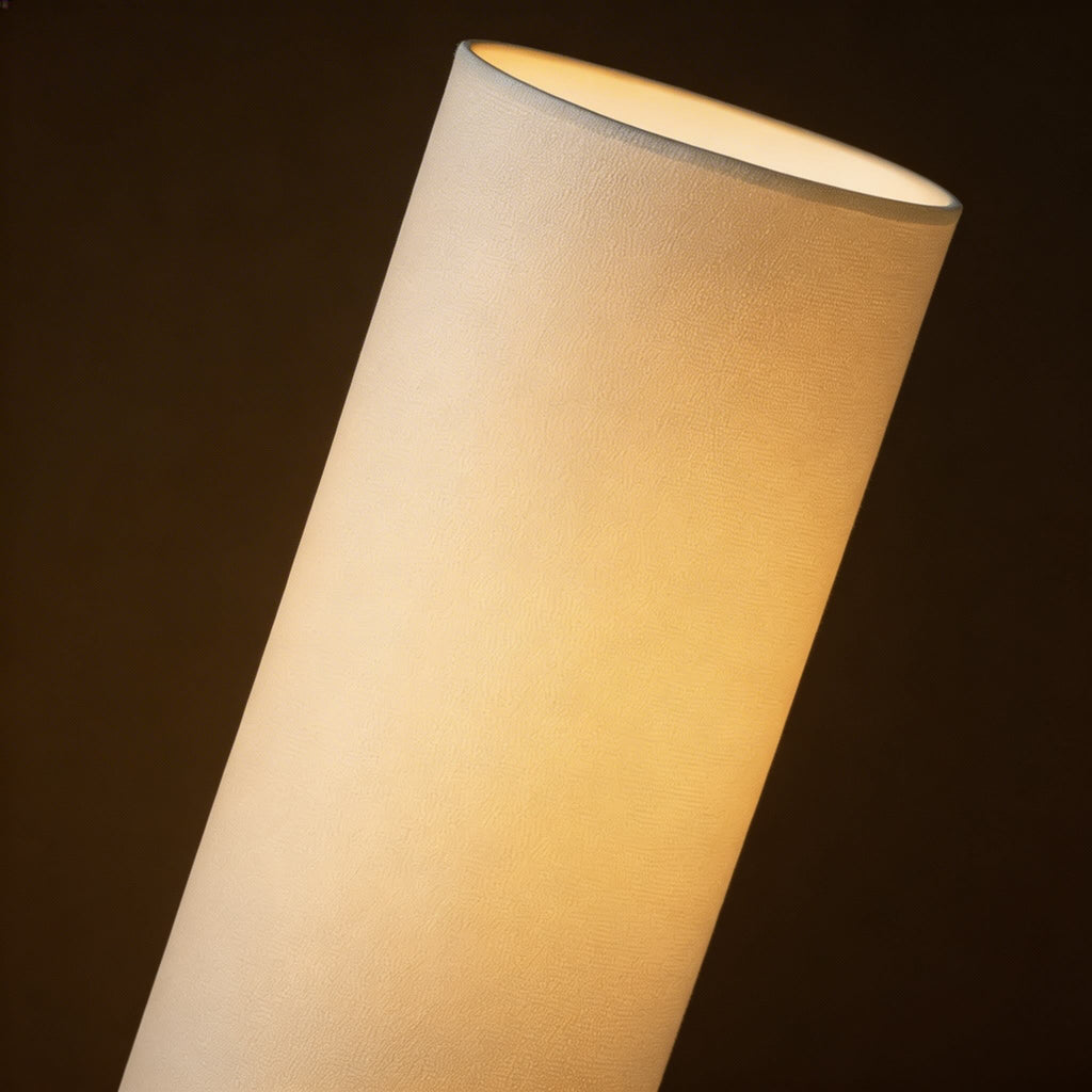 Modern Adjustable Floor Lamp — Tricolor LED, Natural Wood Base, Angled Cloth Shade
