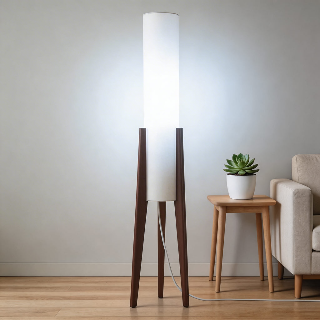 Modern Adjustable Floor Lamp — Tricolor LED, Natural Wood Base, Angled Cloth Shade