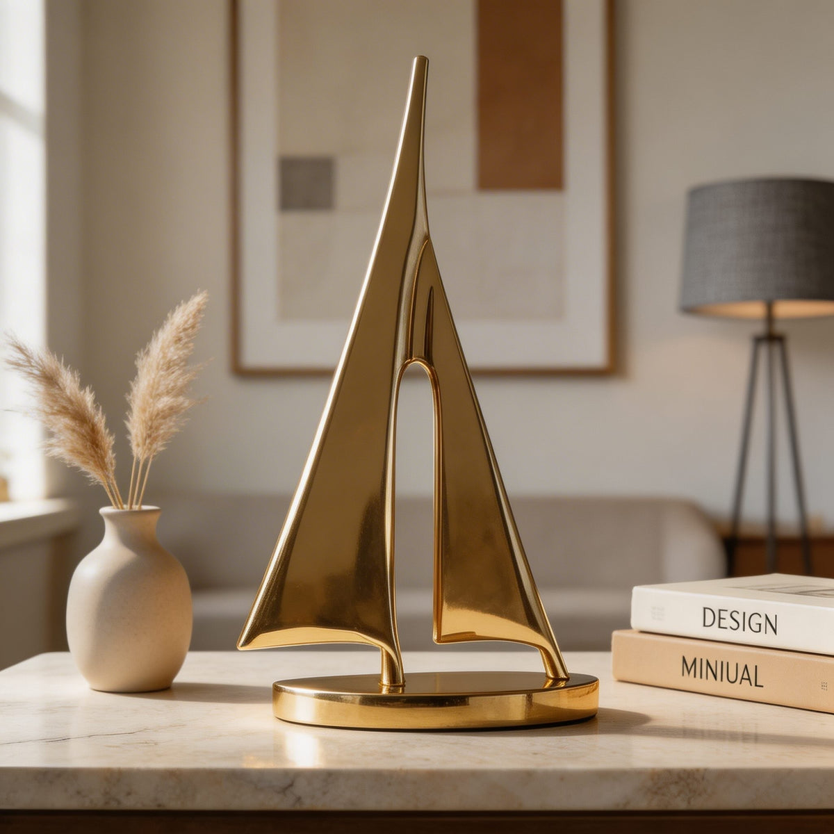 Scultura moderna a forma di barca a vela in rame — Finitura dorata, altezza 7.9 in