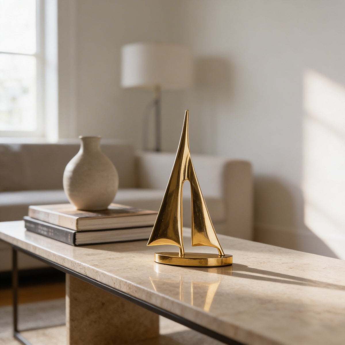Scultura moderna a forma di barca a vela in rame — Finitura dorata, altezza 7.9 in